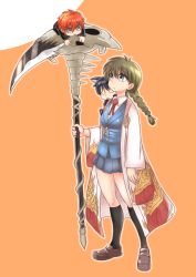 Rule 34 | 1girl, 2boys, blue eyes, braid, breasts, brown hair, haori, highres, jacket, japanese clothes, kyoukai no rinne, long hair, mamiya sakura, multiple boys, red hair, rokumon, school uniform, scythe, shoes, short hair, skirt, socks, weapon