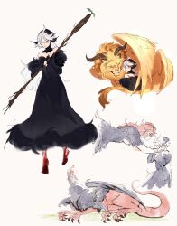 2girls absurdres ahoge ambrosia_(dungeon_meshi) black_dress blood blood_on_feet cosplay dragon dress dungeon_meshi falin_touden falin_touden_(chimera) falin_touden_(chimera)_(cosplay) gundam gundam_suisei_no_majo hand_on_another&#039;s_face highres holding holding_staff horns long_hair looking_at_another marcille_donato marcille_donato_(lord) marcille_donato_(lord)_(cosplay) miorine_rembran monster_girl multiple_girls purple_eyes simple_background size_difference staff suletta_mercury tanukimo_imo taur white_background white_hair winged_lion_(dungeon_meshi) wings yellow_eyes yuri