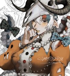 1girl animal_ears black_eyes black_nails blue_bow blue_hair bow braid breasts center_frills commission cross curled_horns dress face_piercing fingernails frilled_dress frills goat_ears goat_girl goat_horns hair_between_eyes hair_bow hand_on_own_cheek hand_on_own_face highres horizontal_pupils horns juliet_sleeves lapefamm large_breasts latin_cross long_fingernails long_sleeves looking_at_viewer multicolored_hair nail_polish nose_piercing orange_lips original piercing plaid_bow puffy_sleeves red_hair red_pupils russian_commentary skull_on_head solo stitches streaked_hair torn_clothes torn_sleeves twin_braids upper_body white_background white_hair