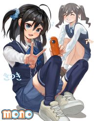 Rule 34 | 2girls, absurdres, amamiya satsuki, black hair, camera, ch1ckpyo, closed eyes, closed mouth, grin, highres, kiriyama an, knees, looking at viewer, mono (afro), multiple girls, open mouth, school uniform, shoes, sitting, skirt, smile, socks, thighhighs, twintails, v