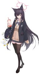 1girl absurdres alternate_costume animal_ear_fluff animal_ears bag black_hair black_jacket black_shoes black_thighhighs blue_archive blue_bag blue_skirt blush bow brown_jacket cellphone drink earphones fox_ears fox_girl grey_bow highres holding holding_bag holding_drink jacket long_hair milkshake nammmmer open_mouth peroro_(blue_archive) phone plaid_clothes plaid_skirt red_eyes school_uniform shirt shoes sidelocks single_sleeve_past_fingers single_sleeve_past_wrist skirt smartphone solo thighhighs very_long_hair white_shirt yukino_(blue_archive)