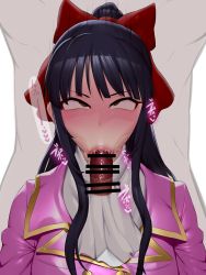 1boy 1girl :&gt;= absurdres ahegao alternate_breast_size blue_hair blush bodysuit breasts brown_eyes censored fellatio hair_ribbon heart hetero highres large_breasts lipstick long_hair makeup oral penis pointless_censoring ponytail pov ribbon sakura_taisen sega shinguuji_sakura yesman_(cvbnyesman)