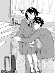 !? 1boy 1girl 1other ahoge bien_(k2nshow) blazer blush caught chair classroom collared_shirt commentary_request couple curtains desk doorway dress_shirt futsuu_no_keion-bu hatono_chihiro head_on_another&#039;s_shoulder hetero highres holding_hands jacket mizuo_haruichi name_tag neck_ribbon on_chair on_table out_of_frame pants pleated_skirt pov_doorway ribbon sandals school_chair school_desk school_uniform shirt short_hair short_sleeves sitting skirt slides socks surprised table wing_collar