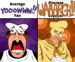 2boys average_fan_vs._average_enjoyer_(meme) beard_stubble black_eyes black_hair black_shirt bodysuit chef_hat cigarette closed_mouth facial_hair gloves hat kapetanakes male_focus meme multiple_boys mustache open_mouth peppino_spaghetti pizza_tower screaming shirt short_hair stubble the_noise white_gloves white_hat white_shirt yellow_bodysuit yellow_hat