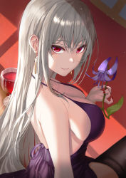 1girl absurdres bare_back black_thighhighs breasts cleavage commentary cup dress drinking_glass earrings flower grey_hair highres holding holding_flower jewelry korean_commentary large_breasts long_hair looking_at_viewer looking_to_the_side nail_polish open_mouth original parted_lips purple_dress raurashun red_eyes red_nails sideboob simple_background sitting solo thighhighs wine_glass