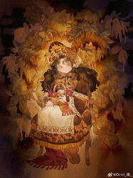 1girl absurdres ballet black_hair curly_hair dress flower harrymiao highres long_hair original sitting solo sunflower