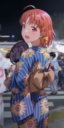 1girl ahoge birthday blue_kimono braid commentary floral_print from_behind hand_fan holding holding_fan japanese_clothes kimono looking_at_viewer love_live! love_live!_sunshine!! orange_hair red_eyes shamakho short_hair side_braid signature smile solo_focus takami_chika upper_body yukata