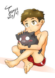 1boy absurdres brown_eyes brown_hair highres male_focus male_swimwear original pet shota solo swim_trunks toxyz