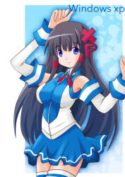 1girl black_hair blue_eyes blue_skirt breasts commentary_request cowboy_shot detached_sleeves hair_ornament large_breasts long_hair long_sleeves looking_at_viewer os-tan personification sato_(esuplusesu) skirt smile solo thighhighs x_hair_ornament xp-tan