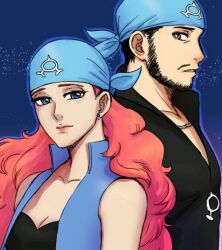 1boy 1girl archie_(pokemon) bandana bandeau bare_shoulders beard big_hair black_bandeau black_hair black_shirt blue_bandana blue_eyes blue_gloves blue_pants blue_vest breasts chinstrap_beard chips_n_cookies cleavage collared_shirt crop_top cropped_vest earrings expressionless eyelashes facial_hair gloves jewelry long_hair long_sleeves looking_at_another looking_to_the_side male_focus midriff mustache navel necklace nintendo pants parted_lips partially_unbuttoned pink_hair pink_lips pokemon pokemon_rse popped_collar profile shelly_(pokemon) shirt short_hair strapless stud_earrings team_aqua tube_top very_short_hair vest