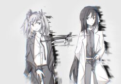 2girls akemi_homura black_hair black_pants black_shirt black_suit bound_together closed_mouth formal_clothes glitch grey_background greyscale hair_ribbon hairband highres kaname_madoka kedrealin lab_coat long_hair long_sleeves looking_at_another looking_to_the_side mahou_shoujo_madoka_magica monochrome multiple_girls pants ribbon shirt suit twintails white_shirt