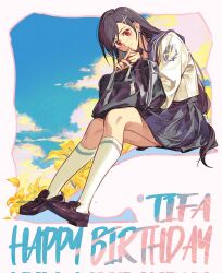 1girl bag birthday black_hair blue_sailor_collar blue_skirt blue_sky blush brown_shoes character_name closed_mouth cloud cloudy_sky commentary crow0cc earrings english_commentary final_fantasy final_fantasy_vii final_fantasy_vii_ever_crisis flower full_body hair_behind_ear hair_ornament hairclip happy_birthday highres holding holding_bag invisible_chair jewelry kneehighs long_hair long_sleeves low-tied_long_hair pleated_skirt red_eyes sailor_collar school_uniform serafuku shoes sitting skirt sky smile socks solo swept_bangs three_quarter_view tifa_lockhart tifa_lockhart_(midgard_seventh_high_school) white_serafuku white_socks yellow_flower