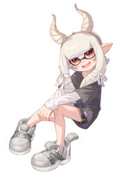 1girl absurdres black_shirt black_shorts dolphin_shorts fake_horns full_body gakusei_noa grey_shoes hairband highres horns inkling inkling_girl inkling_player_character long_hair nintendo open_mouth pointy_ears red_eyes shirt shoes shorts simple_background sitting smile solo splatoon_(series) splatoon_3 tentacle_hair undershirt white_background white_hair white_hairband white_undershirt