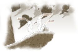 1girl 20805791 absurdres cliff cloud cloudy_sky from_behind grave highres kneeling monochrome multiple_persona refind_self:_the_personality_test_game robot sky utsuwa_(refind_self) winding_key