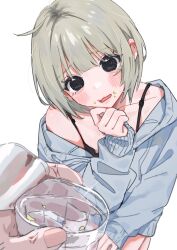 Rule 34 | 1girl, 1other, ahoge, anger vein, black bra, black eyes, blunt bangs, blush, bob cut, bra, choppy bangs, crumbs, dilated pupils, food, from above, grey hair, hamafugu, hand on own chin, highres, jacket, open clothes, open jacket, original, pudding, short hair, underwear, white background, wide-eyed
