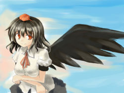 Rule 34 | 1girl, black hair, black wings, female focus, hat, hokamichi, looking at viewer, red eyes, shameimaru aya, skirt, sky, solo, taji (crowview), touhou, wings