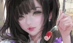 1girl black_hair bm94199 earrings food fork fruit highres holding holding_food holding_fork jewelry long_hair open_mouth original pink_lips solo strawberry yellow_eyes