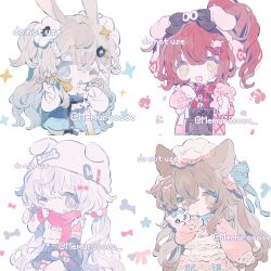 4girls animal_ears blue_eyes bow braid brown_hair dress frills grey_eyes hair_between_eyes hair_bow hair_ornament hat highres holding long_hair long_sleeves memuro multiple_girls one_eye_closed original puffy_sleeves red_hair sample_watermark scarf stuffed_toy watermark white_background white_hair yellow_eyes