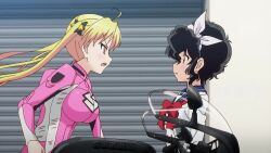 2girls amano_onsa animated anime_screenshot bakuon!! black_hair black_ribbon blonde_hair bodysuit bouncing_breasts breasts brown_eyes hair_ribbon hairband large_breasts long_hair medium_hair motor_vehicle motorcycle multiple_girls pink_bodysuit racing_suit ribbon school_uniform sound suzunoki_rin tagme twintails video white_hairband