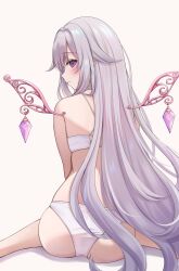 1girl 7nopi absurdres ass bikini closed_mouth detached_wings from_behind grey_hair hair_flaps hashtag-only_commentary highres hololive hololive_english koseki_bijou light_blush long_hair looking_at_viewer looking_back median_furrow metal_wings mini_wings purple_eyes sidelocks simple_background sitting solo swimsuit very_long_hair virtual_youtuber wariza white_background white_bikini wings