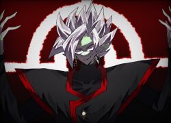 1boy black_bodysuit bodysuit colored_skin crazy_eyes crazy_smile dragon_ball dragon_ball_super earrings fused_zamasu green_skin grey_eyes halo jewelry long_sleeves looking_at_viewer pointy_ears potara_earrings sharp_teeth smile solo spiked_hair teeth v621 white_hair