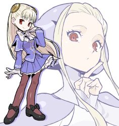 1girl absurdres black_shoes bow brown_pantyhose capcom_fighting_jam gloves hairpods highres ingrid_(capcom) layered_sleeves long_hair miniskirt pantyhose purple_skirt red_eyes sach56000 shoes skirt smile street_fighter street_fighter_6 white_gloves white_hair