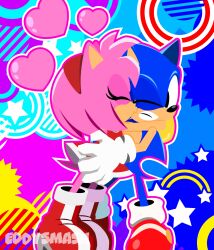 1boy 1girl amy_rose animal_ears artist_name closed_eyes commentary eddysmash2407 english_commentary english_text eyelashes gloves heart hedgehog_boy hedgehog_girl highres one_eye_closed sonic_(series) sonic_the_hedgehog tail watermark