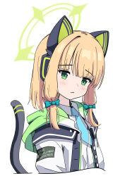 1girl absurdres animal_ear_headphones animal_ears aqua_necktie arms_at_sides black_tail blonde_hair blue_archive blunt_bangs blush bow buttons cat_ear_headphones cat_ears cat_tail closed_mouth clothes_writing collared_shirt commentary cropped_torso dot_nose english_text fake_animal_ears fake_tail frown furrowed_brow green_bow green_eyes green_halo green_jacket hair_bow halo head_tilt headphones highres hood hood_down hooded_jacket jacket looking_at_viewer low-tied_sidelocks medium_hair midori_(blue_archive) multicolored_jacket necktie open_clothes open_jacket school_uniform shirt sidelocks simple_background solo star-isla tail tail_raised upper_body white_background white_jacket white_shirt