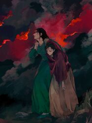 2girls absurdres black_hair closed_eyes closed_mouth dress fire gone_with_the_wind grass green_dress hand_on_another&#039;s_shoulder highres kakiyakee_(k_key_5) long_dress long_hair melanie_hamilton multiple_girls open_mouth outdoors rock scarlett_o&#039;hara smoke standing