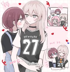 Rule 34 | 4girls, absurdres, bang dream!, bang dream! it&#039;s mygo!!!!!, black choker, black shirt, blue eyes, chihaya anon, choker, closed mouth, commentary, crossover, fang, girls band cry, grey eyes, grey hair, hamchan69, hand on another&#039;s head, heart, highres, hug, hug from behind, iseri nina, kawaragi momoka, looking at another, multicolored hair, multiple girls, open mouth, pink eyes, pink hair, red hair, roots (hair), shirt, short sleeves, short twintails, smile, sunglasses, takamatsu tomori, twintails, yuri