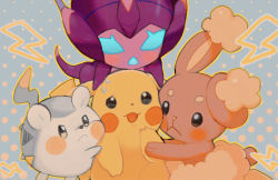 :&lt; abe_(kumayu) blush blush_stickers buneary closed_mouth commentary_request creatures_(company) frown game_freak gen_1_pokemon gen_4_pokemon gen_7_pokemon grey_background highres jealous nintendo on_head open_mouth pikachu poipole pokemon pokemon_(creature) pokemon_on_head polka_dot polka_dot_background sweat togedemaru ultra_beast