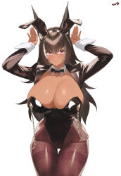 Rule 34 | 1girl, absurdres, animal ears, arms up, black hair, black leotard, breasts, brown pantyhose, character request, chinese commentary, cleavage, commentary request, dark-skinned female, dark skin, detached collar, fake animal ears, highleg, highleg leotard, highres, huge breasts, indie virtual youtuber, kurozawa yui, leotard, long hair, long sleeves, looking at viewer, multicolored hair, pantyhose, playboy bunny, purple eyes, rabbit ears, rabbit pose, simple background, smile, solo, streaked hair, thighband pantyhose, white background, white hair