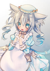 Rule 34 | 1girl, animal ears, apron, blue eyes, cat ears, cat girl, cat tail, dress, emil chronicle online, frilled dress, frilled hat, frills, hat, lizrin, maid, maid apron, nekomata sharu, one-hour drawing challenge, open mouth, raised inner eyebrows, ribbon, tail, tearing up, white hair, yellow ribbon