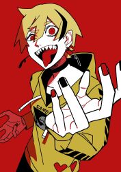 1girl blonde_hair commentary_request hands_up highres hood hood_down jacket looking_at_viewer momomo_906 original red_background red_eyes sharp_teeth short_hair simple_background solo teeth tongue tongue_out upper_body yellow_jacket