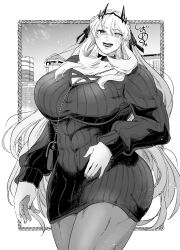 1girl bag barghest_(fate) breasts building choker cibamatoxins cleavage commentary_request covered_abs curvy dress fate/grand_order fate_(series) greyscale handbag heterochromia highres horns huge_breasts long_hair monochrome muscular muscular_female open_mouth pantyhose short_dress smile solo sweater sweater_dress thick_thighs thighs very_long_hair