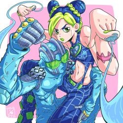 Rule 34 | 1other, arm tattoo, blue hair, blue pants, blue skin, braid, braided bun, clenched hand, clenched hands, colored skin, commentary, cone hair bun, double bun, green-tinted eyewear, green eyes, green hair, green lips, green nails, hair bun, heart ornament, highres, jojo no kimyou na bouken, kuujou jolyne, makeup, midriff, multicolored hair, navel, pants, pjmetal art, spider web print, stand (jojo), stone free, stone ocean, string, tattoo, tinted eyewear, two-tone hair