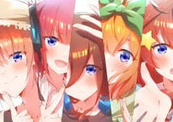 5girls absurdres blush brown_hair butterfly_hair_ornament closed_mouth commentary_request finger_counting go-toubun_no_hanayome green_hairband hair_ornament hairband hat headphones headphones_around_neck highres looking_at_viewer multiple_girls nakano_ichika nakano_itsuki nakano_miku nakano_nino nakano_yotsuba nyaa_(nnekoron) open_mouth orange_hair pink_hair purple_eyes quintuplets red_hair siblings sisters smile star_(symbol) star_hair_ornament