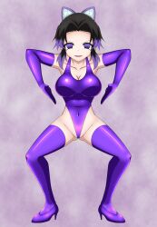 Rule 34 | 1girl, absurdres, barefoot, black hair, boots, bowlegged pose, butterfly hair ornament, cameltoe, corruption, covered navel, elbow gloves, gloves, gluteal fold, haigure pose, hair ornament, high heels, highleg, highleg leotard, highres, kimetsu no yaiba, kochou shinobu, latex, latex leotard, leotard, looking at viewer, mind control, multicolored hair, parted bangs, purple eyes, purple hair, purple leotard, sansiki high gle, short hair, smile, solo, thigh boots, thighhighs, v-shaped eyebrows