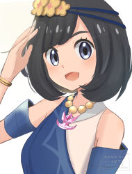 Rule 34 | 1girl, :d, aoneko4ao (edwf7745), armlet, bead necklace, beads, black hair, commentary, eyelashes, grey eyes, hand up, happy, highres, jewelry, looking at viewer, necklace, nintendo, official alternate costume, open mouth, pokemon, pokemon masters ex, selene (champion) (pokemon), selene (pokemon), shirt, short hair, sleeveless, sleeveless shirt, smile, solo, upper body, watermark, white background