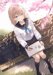 1girl absurdres bag black_bag black_sailor_collar black_shoes black_skirt black_socks blonde_hair blue_eyes blue_neckerchief blush cherry_blossoms hairstyle_request highres holding holding_sketchbook huion loafers long_hair looking_up neckerchief on_bench open_mouth original outdoors pleated_skirt sailor_collar school_bag school_uniform senri_(senri_sen) serafuku shirt shoes sitting sketchbook sketching skirt socks solo white_shirt