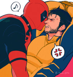2boys anger_vein arms_up beard bodysuit bound bound_wrists commentary_request deadpool deadpool_&amp;_wolverine deadpool_(series) facial_hair green_eyes highres imminent_kiss looking_at_another male_focus marvel marvel_cinematic_universe multiple_boys muscular muscular_male musical_note pectorals red_bodysuit red_mask short_hair spoken_anger_vein spoken_musical_note superhero_costume teeth tera_peta twitter_username two-tone_bodysuit wolverine_(x-men) x-men yaoi yellow_bodysuit