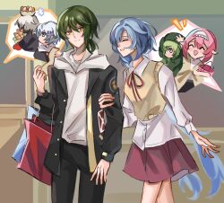 bag black_jacket black_pants blue_(bluespring1513) blue_eyes blue_hair bread elbow_carry elf elysia_(honkai_impact) elysia_(miss_pink_elf)_(honkai_impact) food grey_hair griseo headband highres holding holding_another&#039;s_arm holding_bag honkai_(series) honkai_impact_3rd jacket kalpas_(honkai_impact) kevin_kaslana kosma looking_at_another mobius_(honkai_impact) open_mouth outdoors pants pointy_ears purple_skirt shirt shopping shopping_bag skirt speech_bubble teeth upper_teeth_only vest white_hair white_headband white_shirt yellow_eyes yellow_vest