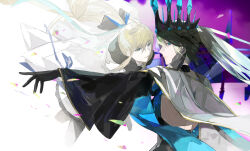 2girls aesc_(fate) aesc_(savior)_(fate) black_gloves blonde_hair blue_eyes bow commentary crown fate/grand_order fate_(series) fui_(fui29493452) gloves hair_between_eyes hair_bow highres long_hair long_sleeves morgan_le_fay_(fate) morgan_le_fay_(queen_of_winter)_(fate) multiple_girls polearm ponytail spear veil weapon white_hair wide_sleeves