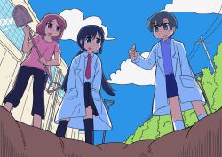 3girls absurdres black_hair black_skirt black_socks blue_eyes blue_shirt blue_skirt blue_sky brown_hair bush chinese_commentary closed_mouth cloud collared_shirt commentary_request day feet_out_of_frame grey_hair hands_in_pockets highres holding holding_shovel hole long_hair looking_at_another multiple_girls mushroomsucy nakamura_kana nichijou open_mouth outdoors pink_shirt pleated_skirt purple_eyes shimeji_simulation shirt shovel skirt sky smile socks standing thumbs_up tsukishima_shijima&#039;s_sister twintails utility_pole very_long_hair