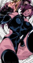 1girl artist_name bare_shoulders black_leotard black_thighhighs bleach bleach:_sennen_kessen-hen breasts dark-skinned_female dark_skin elbow_gloves female_focus gloves hair_ornament highres kinakomochi_(user_vedc2333) large_breasts leotard long_hair open_mouth ponytail purple_hair shihouin_yoruichi thighhighs thighs yellow_eyes