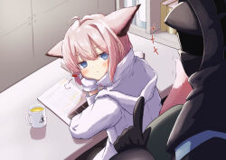 Rule 34 | +++, 1girl, 1other, absurdres, animal ears, arknights, black gloves, black jacket, blue eyes, blush, book, closed mouth, commentary request, cross, cup, doctor (arknights), drink, gloves, greek cross, head rest, highres, holding, holding paper, hood, hood down, hood up, index finger raised, indoors, jacket, long sleeves, motion lines, mug, paper, pink hair, pink tail, red cross, rhodes island logo (arknights), short hair, sussurro (arknights), tail, tail raised, turning head, white gloves, white jacket, yudoufu (bioyudoufu)
