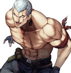 1boy :d abs bad_id bad_twitter_id bara bare_pectorals belt black_gloves black_pants bryan_fury bullet evil_smile explosive fingerless_gloves full_body gloves grenade grey_eyes grey_hair highres houjoh_(7th-heaven) looking_at_viewer male_focus muscular navel open_mouth pants pectorals scar scar_across_eye scar_on_chest scar_on_face short_hair simple_background smile solo tattoo tekken topless_male upper_body white_background