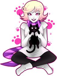 1girl animal black_thighhighs blonde_hair boots cat colored_skin crossed_legs gallaxi holding holding_animal holding_cat homestuck looking_at_viewer outline paw_print pink_eyes pink_outline pink_scarf purple_lips roxy_lalonde scarf shirt short_hair short_sleeves signature sitting solo striped_clothes striped_scarf thighhighs white_boots white_shirt white_skin