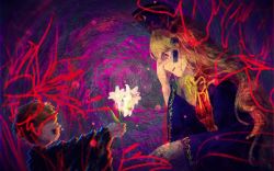 1boy 1girl black_dress black_shirt blonde_hair bofeng commentary crying distortion dress flower from_side glitch hand_on_own_face highres holding holding_flower junko_(touhou) junko_day lily_(flower) long_hair long_sleeves looking_at_another mother_and_son neck_ribbon no_eyes open_mouth phoenix_crown profile red_eyes red_tabard ribbon shee_take shirt short_hair spiral tabard touhou upper_body wide_sleeves yellow_ribbon