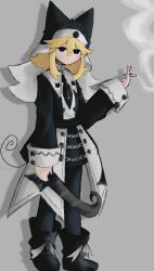 1girl absurdres animal_ear_headwear animal_ears bad_id bad_twitter_id between_fingers black_eyes black_hat black_pants black_shirt blonde_hair bright_pupils cigarette closed_mouth commentary fake_animal_ears funamusea grey_background hat highres holding holding_cigarette iesonatana inactive_account long_sidelocks long_sleeves looking_at_viewer medium_hair moge-ko mogeko_(species) mogeko_castle pants shirt sidelocks simple_background smile smoke solo standing white_pupils